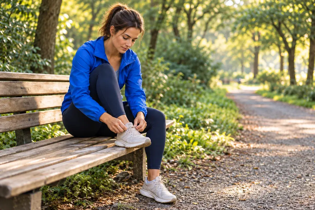 A woman on a park bench tying her shoes before heading out.