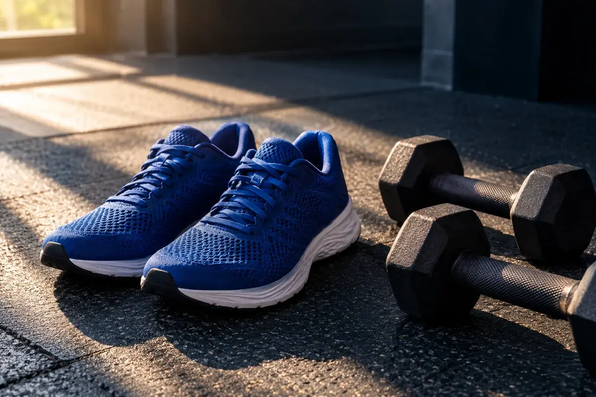 Cobalt running shoes and black dumbbells in warm window light.