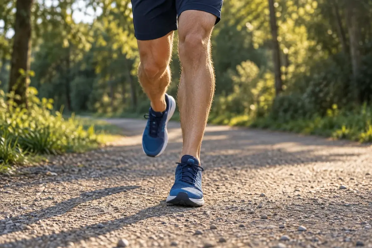 A runner's legs and blue shoes in motion on a sunlit gravel trail.