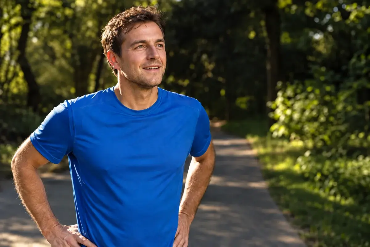 A man in a blue running shirt pausing beside a leafy park path.