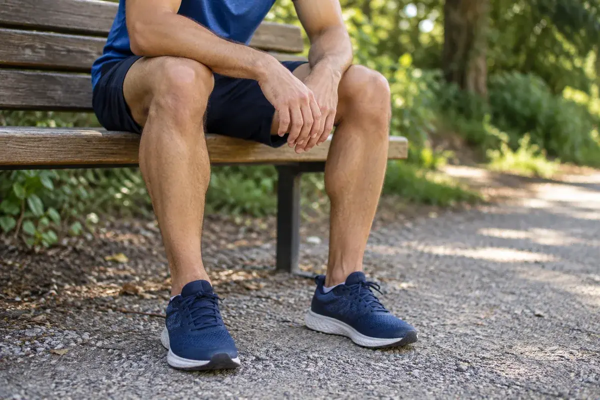 A runner taking a seated break on a wooden bench beside a gravel path.