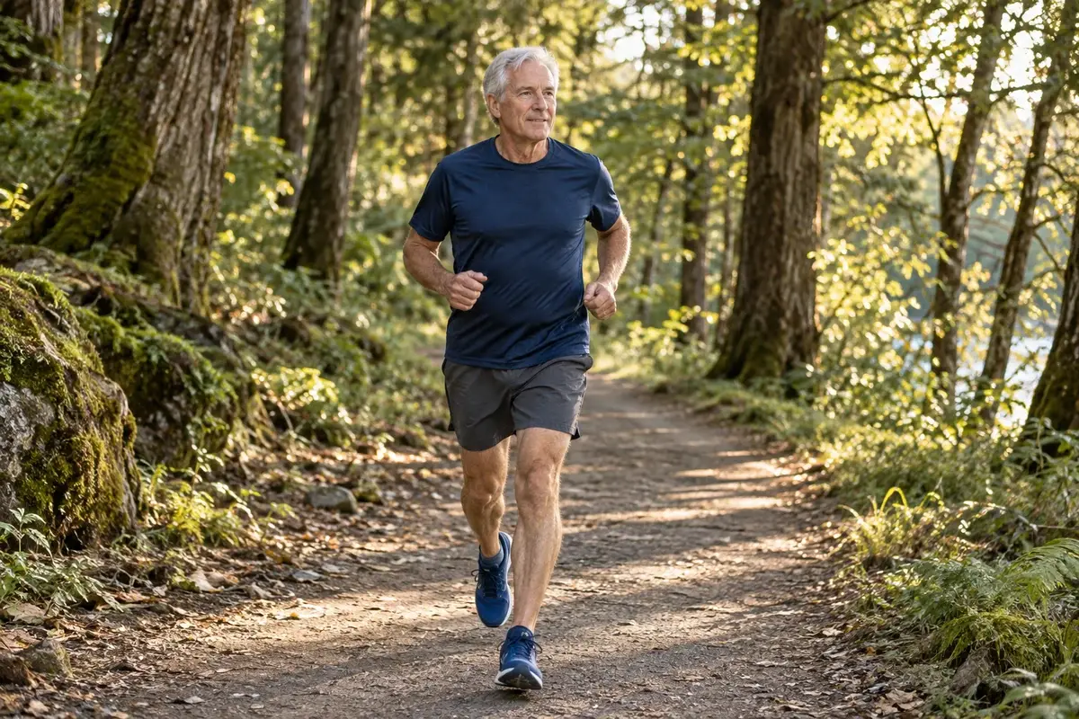 A silver-haired man jogging along a forest path.