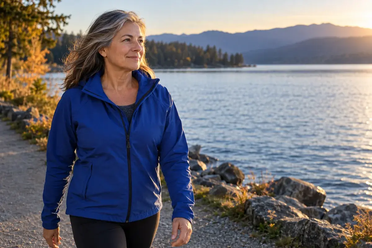 A woman with gray-streaked hair walking beside a lake in warm evening light.