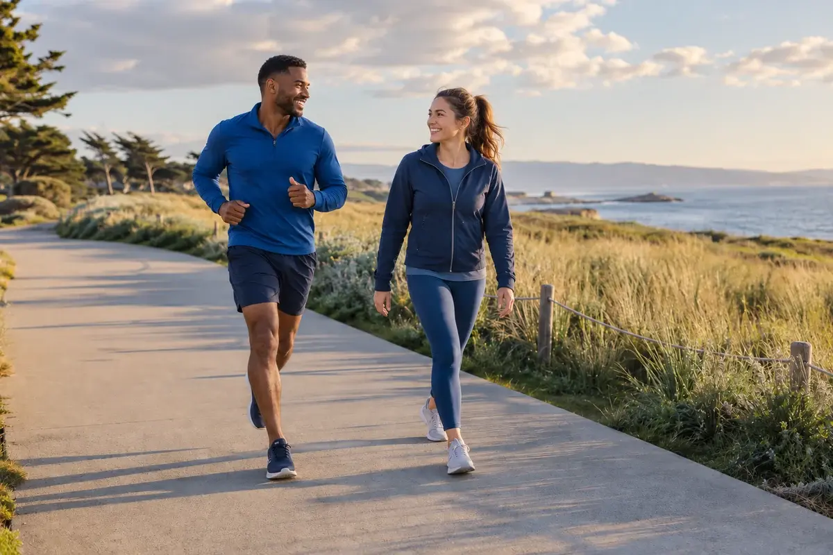 Two adults walking and jogging along a path beside coastal grasses.