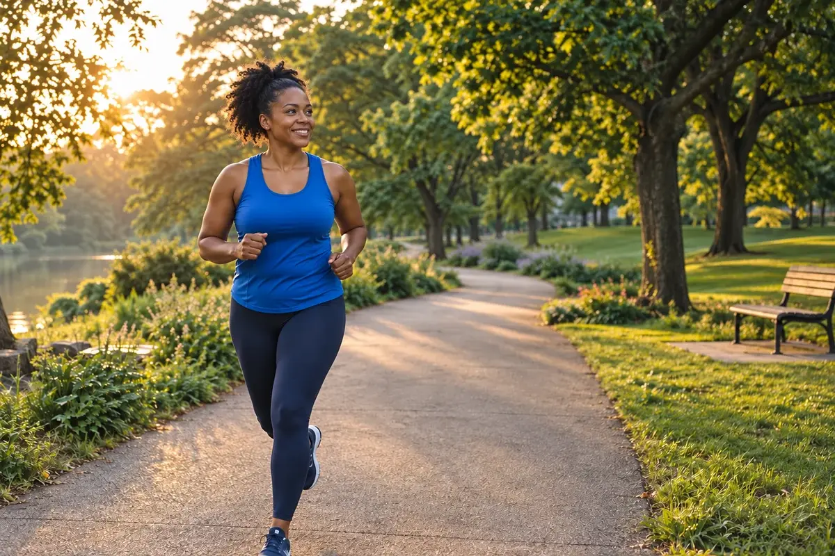 A woman in a cobalt running top jogging along a park path.