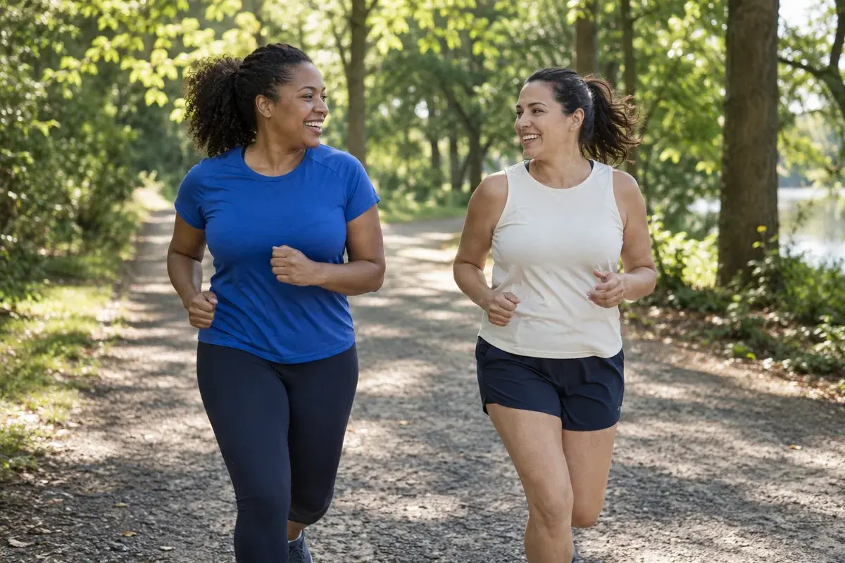 Two women chatting as they jog together on a tree-lined trail.