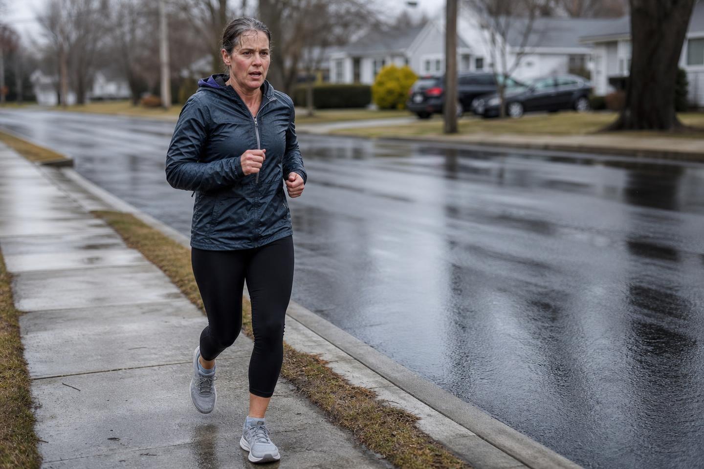 A woman in her mid-forties jogs mid-stride with visible effort along a sidewalk beside a rain-soaked road under flat overcast light.