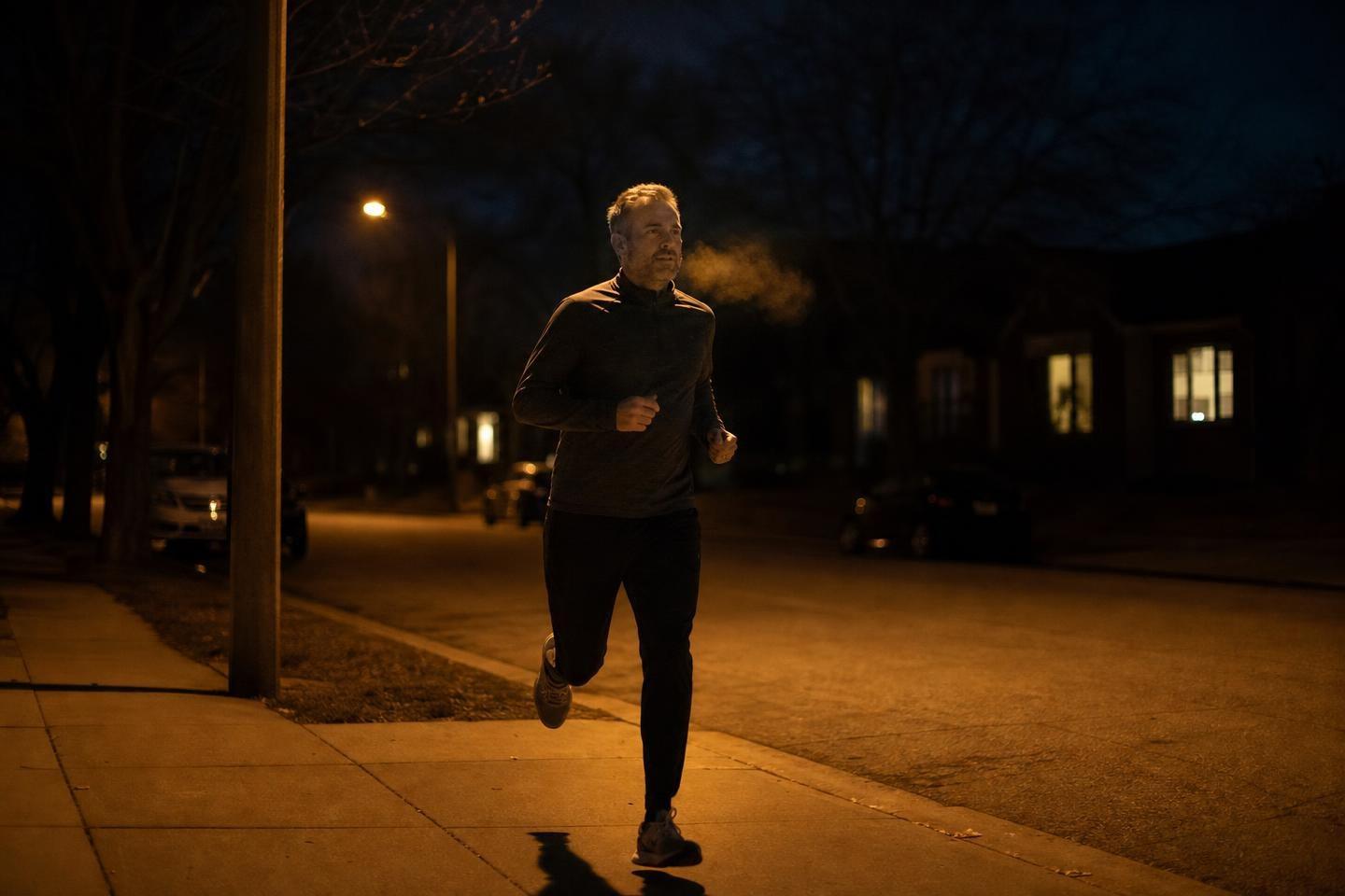 A man in his mid-forties runs along a sidewalk under a warm streetlight at night, his breath visible in the cold air.