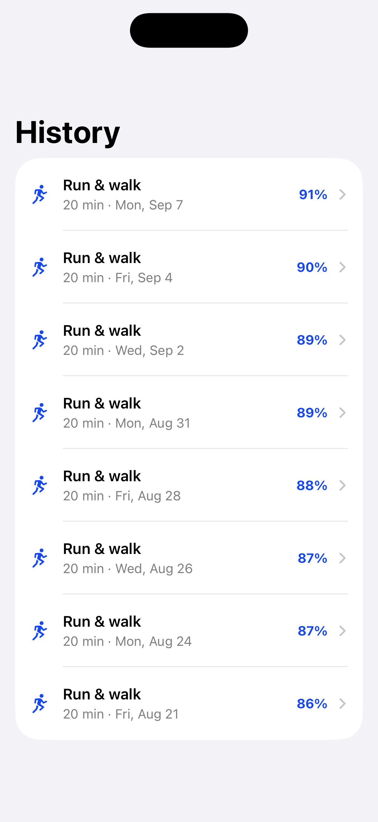First Gear history in light mode showing eight 20-minute run and walk sessions, with easy scores from 86 to 91 percent.
