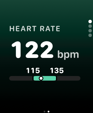 First Gear during a workout on Apple Watch, with a vertical green gradient fading to black, 122 bpm within the 115 to 135 bpm range.
