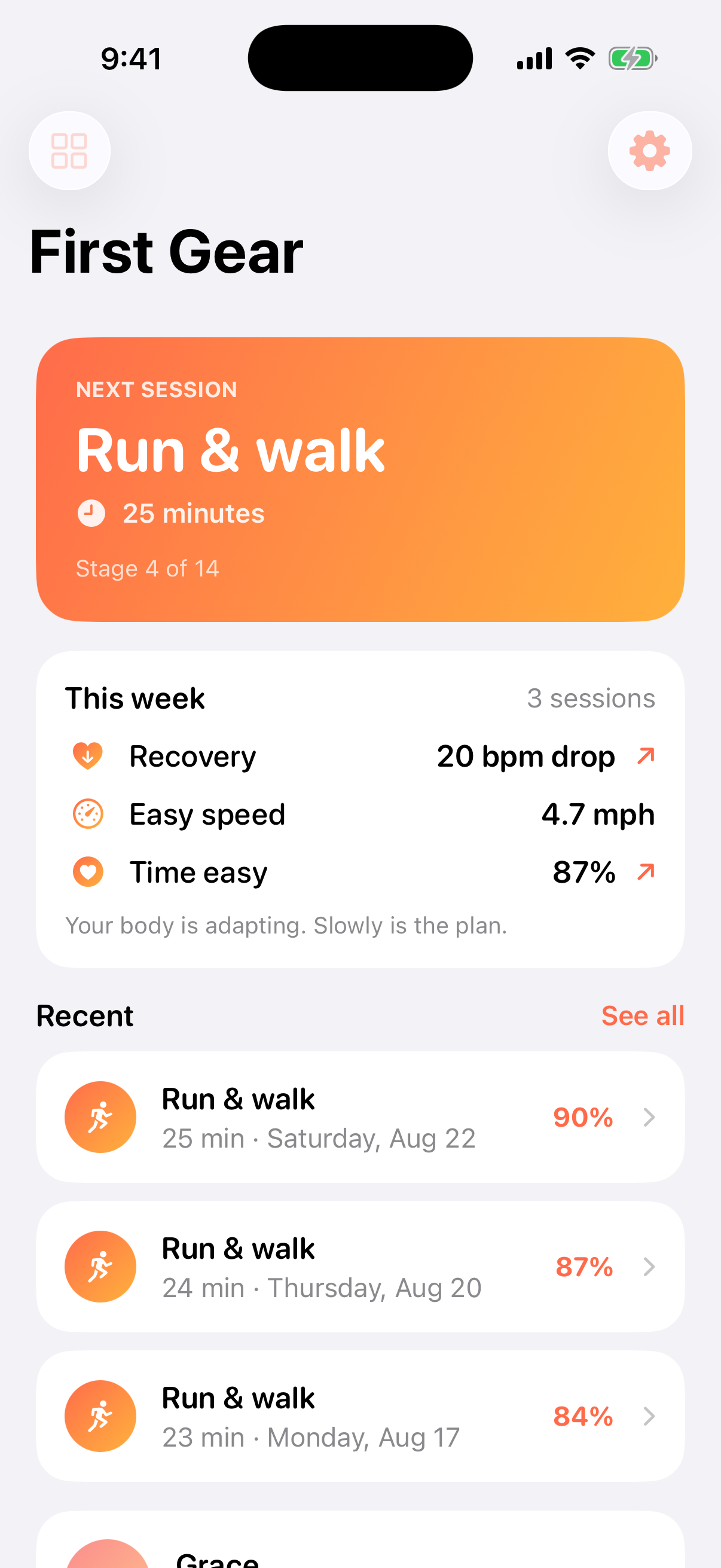 First Gear app home screen showing the week one walking plan.
