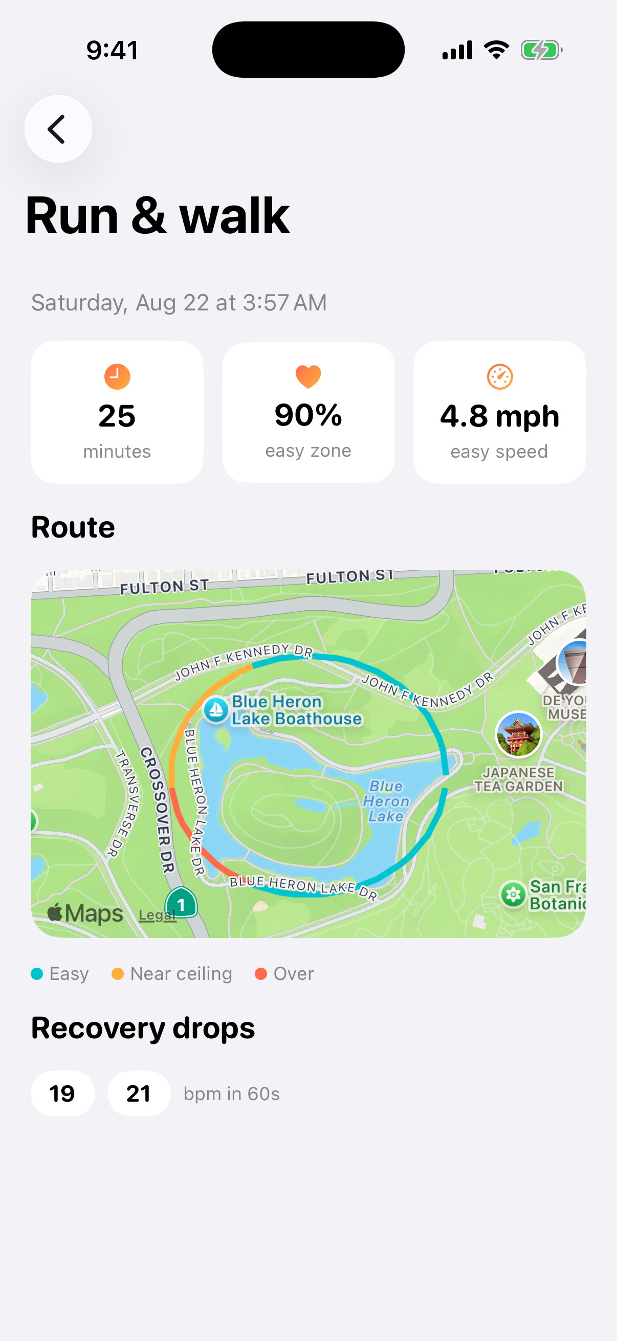 First Gear app screen showing a completed session route and summary.