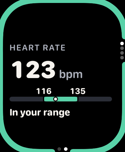First Gear during a workout on Apple Watch: 123 bpm, inside the 116 to 135 bpm range, with a green band around the edge of the black screen and the line In your range.
